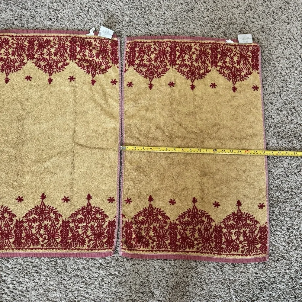 Southern Living 3pc Towel Set Red Gold Reversible Jacquard Made Portugal